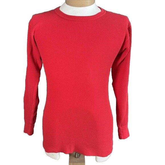 Vintage 80’s Plain Red Waffle Knit Long Sleeve Thermal Shirt Made In USA - Picture 1 of 4